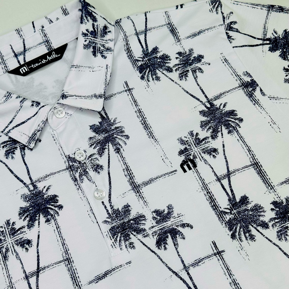Travis Mathew Men's Large Golf Polo Shirt Finally Here White with Palm Trees